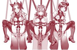 Rule 34 | 10s, 3girls, asakaze (kancolle), bdsm, bondage, boots, bound, bow, breasts, drill hair, hair bow, harness, hat, hatakaze (kancolle), heart, hiememiko, high heel boots, high heels, kantai collection, knee boots, leather, leather boots, matsukaze (kancolle), monochrome, multiple girls, nipples, open clothes, ponytail, pussy, pussy juice, restrained, sex toy, slave, spread legs, suspension, sweat, tears, top hat, vibrator
