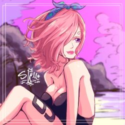 Rule 34 | 1girl, bare arms, bare shoulders, breasts, cleavage, cloud, female focus, hair ornament, hair over one eye, highres, large breasts, leg tattoo, lips, lipstick, looking back, makeup, one piece, pink hair, purple eyes, sherumaru (korcht06), signature, smile, solo, tattoo, vinsmoke reiju, water
