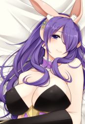 Rule 34 | 1girl, animal ears, bare shoulders, breasts, camilla (fire emblem), camilla (spring) (fire emblem), choker, cleavage, covered erect nipples, fake animal ears, fire emblem, fire emblem fates, fire emblem heroes, hair over one eye, hairband, highres, kirby (series), kirbyffcc, large breasts, leotard, long hair, looking at viewer, lying, nintendo, on back, playboy bunny, purple eyes, purple hair, rabbit ears, smile, solo, upper body