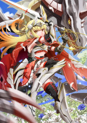 Rule 34 | 1girl, blonde hair, breasts, cross akiha, dragon, highres, long hair, md5 mismatch, original, revision, small breasts, solo, sword, thighhighs, underboob, weapon, yellow eyes