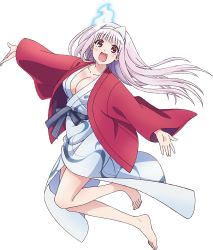 Rule 34 | 1girl, :d, albino, barefoot, bath yukata, breasts, cleavage, floating hair, full body, ghost, hanten (clothes), highres, japanese clothes, kimono, large breasts, long sleeves, looking at viewer, miura tadahiro, official art, open mouth, outstretched arms, smile, solo, spread arms, transparent background, triangular headpiece, yukata, yunohana yuuna, yuragisou no yuuna-san