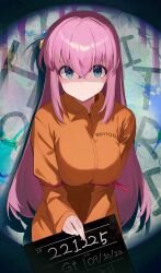 Rule 34 | 1girl, absurdres, alternate costume, blue eyes, bocchi the rock!, bound, bound arms, breasts, crossed bangs, cube hair ornament, gotoh hitori, graffiti, hair ornament, highres, holding, holding sign, jumpsuit, large breasts, long hair, looking at viewer, mugshot, n8 (buse1601), orange jumpsuit, pink hair, prison clothes, side ahoge, sign, solo, sweatdrop, very long hair