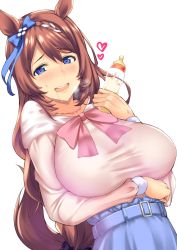 Rule 34 | 1girl, animal ears, arm under breasts, baby bottle, blue eyes, blue ribbon, blue skirt, bottle, bow, braid, breasts, brown hair, ear ribbon, heart, heart-shaped pupils, highres, holding, holding bottle, horse ears, horse girl, horse tail, jewelry, kuurunaitsu, large breasts, long hair, long sleeves, looking at viewer, necklace, pink neckwear, ribbon, simple background, skirt, solo, super creek (umamusume), symbol-shaped pupils, tail, umamusume, upper body, white background