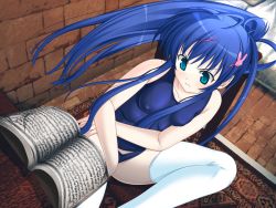 Rule 34 | 1girl, ahoge, asaga aoi, bare shoulders, blue eyes, blue hair, blue one-piece swimsuit, cape birattsu, closed mouth, collarbone, covered erect nipples, female focus, female masturbation, frown, game cg, hair ornament, hairclip, long hair, masturbation, matching hair/eyes, one-piece swimsuit, ponytail, sitting, solo, swimsuit, tears, thief and troll, thighhighs, very long hair, white thighhighs