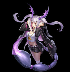 Rule 34 | 1girl, absurdres, arknights, belt, black background, black jacket, black shorts, breasts, cleavage, crop top, crop top overhang, dog tags, floating hair, fur trim, hair ornament, hairclip, hands up, head wings, highres, jacket, large breasts, large tail, light purple hair, long hair, long sleeves, looking at viewer, manticore (arknights), midriff, navel, open clothes, open jacket, pink eyes, scorpion tail, shirt, short shorts, shorts, simple background, solo, stomach, tail, thigh strap, thighs, twintails, white shirt, wings, yin lan xue