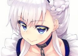 Rule 34 | 1girl, :&gt;, akino sora, asymmetrical bangs, azur lane, belfast (azur lane), blue eyes, braid, chain, closed mouth, collar, collarbone, frills, half updo, highres, lips, long hair, looking at viewer, maid, maid headdress, simple background, smile, solo, upper body, white background