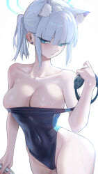 Rule 34 | 1girl, absurdres, animal ear fluff, animal ears, areola slip, averting eyes, black one-piece swimsuit, blue archive, blue eyes, blue halo, blush, breasts, commentary request, competition swimsuit, covered navel, earrings, extra ears, goggles, grey hair, hair ornament, halo, highres, holding, holding goggles, jewelry, kazane-wind, medium breasts, medium hair, mismatched pupils, multicolored clothes, multicolored swimsuit, official alternate costume, one-piece swimsuit, shiroko (blue archive), shiroko (swimsuit) (blue archive), solo, sweat, swimsuit, two-tone swimsuit, unworn goggles, white background, wolf ears
