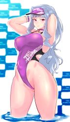 Rule 34 | 1girl, arms up, blunt bangs, bracelet, breasts, choker, closed mouth, commentary request, competition swimsuit, covered navel, cowboy shot, gluteal fold, highleg, highleg swimsuit, highres, hip bones, idolmaster, idolmaster (classic), jewelry, large breasts, long hair, looking at viewer, one-piece swimsuit, panzer (p.z), pink eyes, purple one-piece swimsuit, shijou takane, sidelocks, silver hair, solo, swimsuit, visor cap, wading