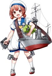 Rule 34 | 1girl, :d, child, dress, full body, hat, hozuka (kadokawa), kaiboukan no. 4 (kancolle), kantai collection, kneehighs, machinery, official art, open mouth, red eyes, red hair, sailor dress, sailor hat, short hair, short sleeves, smile, socks, solo, source request, transparent background, white dress, white hat, white socks