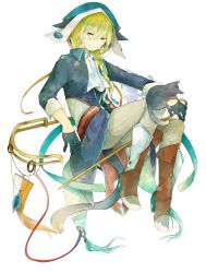 Rule 34 | 1girl, animal, animal on hand, banner, black cat, black gloves, blonde hair, blue eyes, blue shirt, boots, brown footwear, buttons, cat, closed mouth, collared shirt, gem, gloves, hair between eyes, half-closed eyes, hat, invisible chair, long hair, long sleeves, looking at viewer, n8n2n, original, pants, shirt, simple background, sitting, smile, solo, white background