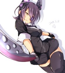 Rule 34 | 10s, 1girl, black gloves, black skirt, cardigan, checkered clothes, checkered necktie, checkered neckwear, dated, eyepatch, fingerless gloves, gloves, headgear, jiino, kantai collection, leg up, looking at viewer, necktie, pleated skirt, purple hair, shadow, short hair, simple background, skirt, smile, solo, sword, tenryuu (kancolle), thighhighs, weapon, white background, yellow eyes