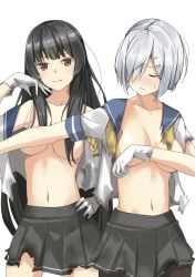 Rule 34 | 2girls, black hair, black legwear, black skirt, blunt bangs, blush, breasts, burnt clothes, cleavage, closed eyes, collarbone, commentary request, covering privates, covering breasts, cowboy shot, facing viewer, frown, gloves, hair ornament, hair over one eye, hairclip, hamakaze (kancolle), hand on own hip, hand up, head tilt, highres, isokaze (kancolle), kantai collection, long hair, looking at viewer, medium breasts, multiple girls, navel, negahami, no bra, nose blush, off shoulder, open clothes, open shirt, outstretched arm, pantyhose, parted lips, pleated skirt, red eyes, school uniform, serafuku, shiny skin, shirt, short hair, silver hair, simple background, skirt, smile, standing, stomach, straight hair, striped, sweat, torn clothes, torn shirt, torn skirt, tsurime, vertical stripes, wavy mouth, white background, white gloves, white shirt, wings