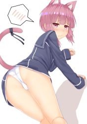 Rule 34 | 10s, 1girl, all fours, animal ears, ass, black ribbon, blush, cat ears, cat tail, highres, kantai collection, kemonomimi mode, long sleeves, looking at viewer, looking back, panties, pink eyes, pink hair, reinama, ribbon, short hair, solo, speech bubble, spoken blush, tail, tail ornament, tail ribbon, underwear, white panties, z3 max schultz (kancolle)