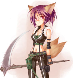Rule 34 | 10s, 1girl, animal ears, belt, breasts, cleavage, fingerless gloves, fox (trickster), fox ears, fox tail, glasses, gloves, medium breasts, midriff, mofmof (sousa), navel, purple hair, red eyes, scythe, solo, standing, tail, trickster (ntreev soft)