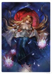 Rule 34 | 00s, 1girl, absurdres, archetype earth, arcueid brunestud, bare shoulders, blonde hair, breasts, chain, detached sleeves, dress, flower, full moon, highres, long hair, medium breasts, moon, red eyes, red moon, solo, spider lily, strapless, strapless dress, tomatika, tsukihime, type-moon, very long hair