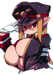 Rule 34 | 1girl, absurdres, arm behind back, blush, breasts, closed mouth, collared shirt, commentary request, covered erect nipples, disgaea, gloves, hair between eyes, hand on headwear, hand up, hat, highres, huge breasts, jacket, light brown hair, long hair, long sleeves, looking at viewer, makai senki disgaea 3, military, military uniform, necktie, pointy ears, purple hat, purple jacket, red eyes, red necktie, salvatore (disgaea), shirt, simple background, solo, uniform, upper body, white background, white gloves, wing collar, zankuro