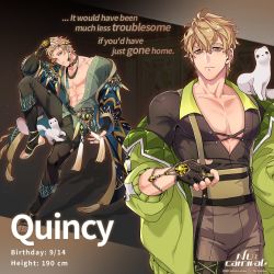Rule 34 | 1boy, bags under eyes, black gloves, blonde hair, ermine, fingerless gloves, full body, gem, gloves, jacket, large pectorals, long sleeves, looking at viewer, male focus, muscular, muscular male, nu carnival, off shoulder, official art, open clothes, open jacket, orange eyes, pectorals, quincy (nu carnival), short hair, weasel
