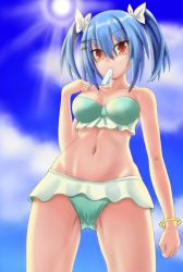 Rule 34 | 1girl, blue hair, breasts, cleavage, cloud, day, food, from below, groin, groin tendon, highres, lanse dai mao, large breasts, looking at viewer, mouth hold, navel, popsicle, prinz eugen (warship girls r), red eyes, short twintails, solo, sun, swimsuit, thighs, twintails, warship girls r