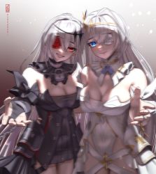 Rule 34 | 2girls, artist name, azur lane, black dress, black gloves, blue eyes, breasts, cleavage, closed mouth, dress, elbow gloves, emden (azur lane), eyepatch, flower, gloves, hair ornament, highres, kashenori, lips, long hair, looking at viewer, medium breasts, mouth hold, multiple girls, open mouth, parted lips, partially fingerless gloves, red eyes, red flower, red rose, rose, siblings, silver hair, simple background, sisters, smile, smirk, standing, teeth hold, white dress, white flower, white rose