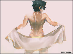 Rule 34 | 1boy, black border, black hair, blue eyes, border, closed mouth, cowboy shot, dated, fate/grand order, fate (series), from behind, fujimaru ritsuka (male), gen yoro, grey background, looking back, male focus, nude, open towel, simple background, solo, standing, towel, wet, white towel