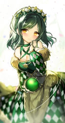 Rule 34 | 1girl, apple, argyle, argyle clothes, argyle dress, bad id, bad pixiv id, bare shoulders, blush, braid, breasts, choker, cleavage, closed mouth, collarbone, commission, corset, crown braid, dark green hair, dress, food, fruit, fuepo, green apple, green choker, green hair, green theme, hand up, holding, holding food, holding fruit, kiratto pri chan, long sleeves, medium breasts, no pupils, orange eyes, pretty series, smile, solo