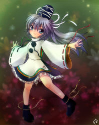 Rule 34 | 1girl, ankle boots, boots, gradient background, gradient hair, grey eyes, hat, hat ribbon, hutson, japanese clothes, kariginu, leaf, leaf background, long sleeves, looking at viewer, mononobe no futo, multicolored hair, open hands, outstretched arms, pom pom (clothes), ribbon, ribbon-trimmed sleeves, ribbon trim, smile, solo, spread arms, tate eboshi, touhou, wide sleeves