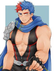 Rule 34 | 1boy, abs, absurdres, armor, bara, black gloves, black jumpsuit, blue background, blue hair, blue scarf, blush, clenched teeth, clothes grab, covered erect nipples, crave saga, earrings, fingerless gloves, gloves, higemaccho, highres, jewelry, jumpsuit, looking at viewer, male focus, multicolored hair, muscular, muscular male, partially unzipped, pectoral cleavage, pectorals, reaching, reaching towards viewer, red hair, scarf, shoulder armor, shy, simple background, solo, split-color hair, svalinn (crave saga), teeth, two-tone eyebrows, two-tone hair