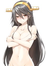 Rule 34 | 10s, 1girl, black hair, blush, breasts, collarbone, covering privates, covering breasts, crossed arms, embarrassed, hair ornament, hairband, hairclip, haruna (kancolle), jewelry, kantai collection, kyougoku touya, large breasts, long hair, looking at viewer, navel, nude, ring, simple background, solo, tears, transparent background