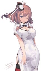 Rule 34 | 10s, 1girl, ;), alternate costume, blue eyes, breasts, brown hair, china dress, chinese clothes, contrapposto, cowboy shot, dated, dress, floral print, garter straps, hair between eyes, kantai collection, large breasts, light smile, lips, long hair, looking at viewer, one eye closed, ponytail, red thighhighs, rokuwata tomoe, saratoga (kancolle), side ponytail, signature, simple background, smile, solo, standing, thighhighs, white background