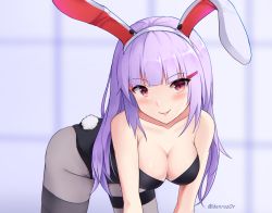 Rule 34 | 1girl, animal ears, bare shoulders, bent over, black leotard, black pantyhose, blurry, breasts, cleavage, collarbone, commentary, danraz0r, fake animal ears, grey thighhighs, groin, hair ornament, hairclip, highres, leotard, long hair, looking at viewer, medium breasts, pantyhose, parted lips, playboy bunny, purple hair, rabbit ears, rabbit girl, rabbit tail, red eyes, reisen udongein inaba, single thighhigh, smile, solo, strapless, strapless leotard, tail, thigh strap, thighhighs, touhou, v-shaped eyebrows