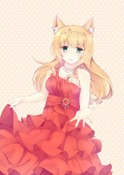 Rule 34 | 10s, 1girl, :3, animal ears, bare shoulders, blonde hair, breasts, cat ears, cleavage, collarbone, curly hair, dress, eyes visible through hair, green eyes, highres, jewelry, long dress, long hair, looking at viewer, maple (nekopara), medium breasts, necklace, nekopara, outstretched hand, polka dot, polka dot background, red dress, skirt hold, solo, sylux