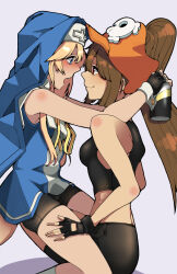 Rule 34 | 1boy, 1girl, bike shorts, bike shorts under skirt, blonde hair, blue eyes, blush, bridget (guilty gear), brown eyes, brown hair, couple, fingerless gloves, gloves, guilty gear, guilty gear xx, habit, hat, hat ornament, highres, imminent kiss, long hair, may (guilty gear), n0 image, nun, open mouth, orange hat, pirate, pirate hat, ponytail, skull and crossbones, skull hat ornament, smile, trap