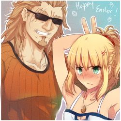 Rule 34 | &gt;:(, 1boy, 1girl, age difference, anger vein, angry, armpits, arms behind head, arms up, bare shoulders, beard, blonde hair, blush, braid, breasts, brown hair, cleavage, cleavage cutout, clothing cutout, collarbone, couple, easter, easter egg, egg, embarrassed, english text, facial hair, fate/apocrypha, fate (series), french braid, frown, glasses, goatee, gradient background, green eyes, grin, hair ornament, hair scrunchie, hand up, high ponytail, jewelry, light brown hair, looking at viewer, medium breasts, mordred (fate), mordred (fate/apocrypha), mordred (memories at trifas) (fate), mordred (mythology), nose blush, outline, pendant, red hair, red sweater, ribbed sweater, scar, scar on face, scrunchie, shirt, shishigou kairi, short hair, sideboob, sidelocks, smile, smirk, spaghetti strap, strapless, sunglasses, sweater, t-shirt, text focus, texture, tube top, tusia, upper body, v, v-shaped eyebrows, wavy mouth