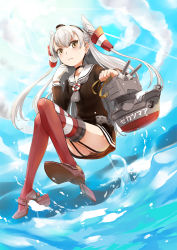 Rule 34 | 10s, 1girl, amatsukaze (kancolle), brown eyes, cloud, dress, floating, garter straps, kantai collection, long hair, looking at viewer, personification, rensouhou-kun, rori chuushin, sailor dress, school uniform, serafuku, short dress, silver hair, sky, solo, striped clothes, striped thighhighs, thighhighs, twintails, two side up, zettai ryouiki