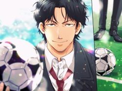 Rule 34 | 1boy, ao ashi, ball, black footwear, black hair, black pants, blurry, blurry background, day, facial hair, formal, fukuda tatsuya, grass, ika choco, looking at viewer, multiple views, necktie, outdoors, pants, parted bangs, red necktie, soccer ball, stubble, suit, upper body