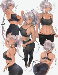 Rule 34 | 1girl, alternate costume, alternate hairstyle, ass, barefoot, black nails, black pants, black sports bra, breasts, brown eyes, cleavage, clothes pull, commentary request, dark-skinned female, dark skin, highres, kantai collection, kasumi (skchkko), large breasts, long hair, looking at viewer, low ponytail, multiple views, musashi (kancolle), nail polish, pants, pants pull, ponytail, simple background, sports bra, stretching, sweat, tight clothes, tight pants, toenail polish, toenails, translation request, very long hair, yoga pants