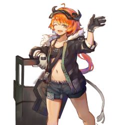 Rule 34 | 1girl, ;d, ahoge, arknights, bag, ballistic shield, bikini, bikini top only, black bikini, black gloves, black jacket, breasts, collarbone, commentary, cowboy shot, croissant (arknights), denim, denim shorts, driftingtiger, fang, fur-trimmed jacket, fur trim, gloves, green eyes, groin, hair between eyes, hand up, highres, horns, id card, jacket, leaning on object, long hair, looking at viewer, low twintails, medium breasts, midriff, navel, one eye closed, open clothes, open jacket, open mouth, orange hair, riot shield, shield, short shorts, shorts, shoulder bag, sidelocks, simple background, smile, solo, standing, swimsuit, tail, twintails, two-tone gloves, visor cap, white background, white gloves