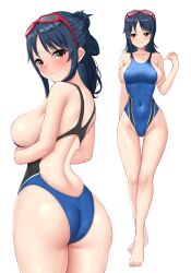 Rule 34 | 1girl, alternate costume, ass, back, back focus, bare arms, bare shoulders, black hair, blush, breasts, brown eyes, closed mouth, collarbone, competition swimsuit, covered navel, cowboy shot, curvy, embarrassed, from behind, full body, goggles, goggles on head, hair bun, highleg, highleg swimsuit, highres, large breasts, looking at viewer, looking back, multiple views, ncontrail (mgax7527), official alternate costume, one-piece swimsuit, one piece, sideboob, simple background, single hair bun, smile, standing, swimsuit, tashigi, thigh gap, white background, wide hips