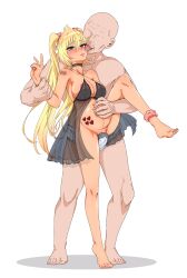 Rule 34 | 1boy, 1girl, absurdres, alternate hairstyle, arenmtea, arm grab, babydoll, bare shoulders, bertrand (female) (kamikatsu), black babydoll, blonde hair, blue eyes, blush, breasts, bulge, choker, dark-skinned female, dark skin, empty eyes, erection, erection under clothes, faceless, faceless male, full body, grabbing, grabbing from behind, grinding, hand on another&#039;s stomach, hand on own stomach, heart, heart tattoo, hetero, highres, interracial, kaminaki sekai no kamisama katsudou, large breasts, leg lift, leg up, legs apart, licking another&#039;s cheek, licking another&#039;s face, long hair, looking at viewer, nipples, panties, panties around leg, parted lips, pink panties, pregnant, pussy, simple background, slave tattoo, standing, standing on one leg, stomach tattoo, tattoo, teeth, twintails, underwear, v, white background