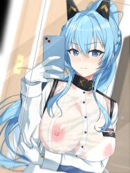Rule 34 | 1girl, arm under breasts, blue eyes, blue hair, blush, braid, breasts, cellphone, covered erect nipples, frown, gloves, goddess of victory: nikke, hair intakes, headgear, helm (aqua marine) (nikke), helm (nikke), holding, holding phone, karakuri musha, large breasts, long hair, looking at viewer, mirror, nipples, official alternate costume, phone, ponytail, see-through, see-through shirt, selfie, shirt, smartphone, solo, wet, wet clothes, wet shirt, white gloves, white shirt