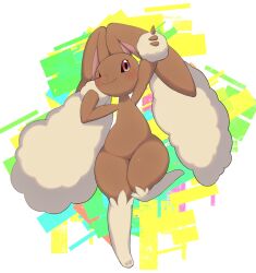 Rule 34 | 1girl, animal feet, animal nose, arm up, blush, body fur, brown fur, closed mouth, creatures (company), female focus, flat chest, full body, furry, furry female, game freak, gen 4 pokemon, groin, hand up, happy, highres, index finger raised, knees together feet apart, leg up, looking at viewer, lopunny, mushu (xmu), nintendo, one eye closed, outstretched arm, pointing, pointing up, pokemon, pokemon (creature), rabbit ears, rabbit girl, red eyes, smile, solo, standing, standing on one leg, thick thighs, thighs, two-tone fur, wide hips, yellow fur
