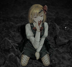 Rule 34 | 1girl, black skirt, black vest, blood, blood on face, blood on hands, commentary request, fishnets, full body, googerm, hair ornament, hair ribbon, hairpin, juliet sleeves, licking, licking blood, licking hand, long sleeves, looking at viewer, medium hair, open mouth, puffy sleeves, red eyes, red ribbon, red tie, ribbon, rumia, seiza, shirt, sitting, skirt, solo, touhou, vest, white shirt