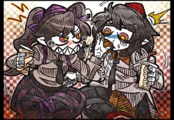 Rule 34 | 2girls, angry, black hair, black legwear, blush, border, bow, brown hair, burger, checkered background, checkered clothes, checkered skirt, clenched teeth, drinking, drinking straw, feeding, food, force-feeding, full-face blush, gradient background, hair bow, hair ornament, hat, himekaidou hatate, long hair, long sleeves, looking at another, looking down, md5 mismatch, multiple girls, necktie, pointy ears, puffy sleeves, red eyes, resized, shameimaru aya, sharp teeth, shirt, short hair, skirt, suenari (peace), sweatdrop, tears, teeth, tokin hat, touhou, twintails