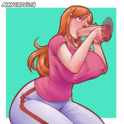Rule 34 | 1girl, absurdres, bleach, blush, breasts, caressing testicles, covered erect nipples, fellatio, glory hole, highres, huge breasts, inoue orihime, long hair, mangadelta, oral, orange hair, pink shirt, shirt, testicles