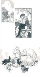 Rule 34 | +++, 1girl, 3koma, afghan hound, animal collar, animal focus, argos (ff14), armor, belt, boots, braid, building, cerberus, chair, closed eyes, cloud, collar, comic, commentary request, corset, crossed legs, cup, dog, elbow rest, elezen, elf, final fantasy, final fantasy xiv, from side, hat, head rest, highres, house, howling, husky, korean commentary, monochrome, multiple dogs, on chair, open mouth, outdoors, pauldrons, periwinkle ff14, pointy ears, puppy, running, shiba inu, shoulder armor, sitting, sleeping, smile, sparkle, spiked collar, spikes, table, tail, tail wagging, teacup, teapot, thigh boots, tongue, tongue out, too many, too many dogs, tree, warrior of light (ff14), white background