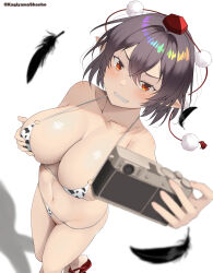 1girl animal_print bikini bird_wings black_hair black_wings blush breasts camera cow_print cow_print_bikini falling_feathers feathers geta grabbing_own_breast hat highres holding holding_camera kagiyama_shachou large_breasts looking_at_viewer micro_bikini navel pointy_ears print_bikini red_eyes red_hat selfie shameimaru_aya simple_background smile solo swimsuit tokin_hat touhou white_background wings