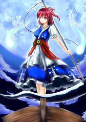 Rule 34 | 1girl, backlighting, boat, breasts, full moon, hair bobbles, hair ornament, hazuki gyokuto, hitodama, holding, holding weapon, japanese clothes, large breasts, moon, obi, onozuka komachi, puffy short sleeves, puffy sleeves, red eyes, red hair, sash, scythe, short sleeves, solo, standing, touhou, twintails, two side up, watercraft, weapon