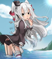Rule 34 | 10s, 1girl, 2016, amatsukaze (kancolle), ass, asymmetrical gloves, bad id, bad pixiv id, black panties, black shirt, cloud, dated, day, dress shirt, flat ass, garter straps, gloves, hair ornament, highres, kantai collection, long hair, looking at viewer, narumiyaaz, open mouth, outdoors, panties, panties over garter belt, partially submerged, see-through, shirt, side-tie panties, silver hair, sky, solo, striped clothes, striped thighhighs, thighhighs, underwear, uneven gloves, wading, water, wet, white gloves, wind, yellow eyes