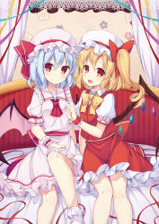 Rule 34 | 2girls, :d, amemiya ruki, ascot, bat wings, blonde hair, blue hair, bobby socks, border, bow, bowtie, closed mouth, collared shirt, commentary request, crystal, curtains, dress, fang, flandre scarlet, hair between eyes, hair bow, hat, hat bow, highres, lace, lace border, mob cap, multiple girls, one side up, open mouth, ornate border, pink dress, pink hat, pink wings, puffy short sleeves, puffy sleeves, red bow, red eyes, red neckwear, red skirt, red vest, remilia scarlet, shirt, short sleeves, siblings, sisters, sitting, skirt, skirt set, smile, socks, touhou, vest, white hat, white legwear, white shirt, wings, wrist cuffs, yellow neckwear