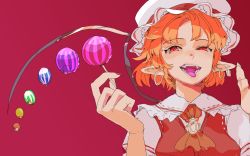 Rule 34 | 1girl, 3735geriragouki, ascot, blonde hair, candy, earrings, fangs, flandre scarlet, food, hat, hat ribbon, highres, jewelry, lollipop, looking at viewer, mob cap, open mouth, pink background, pointy ears, puffy short sleeves, puffy sleeves, red background, red eyes, red ribbon, red vest, ribbon, short sleeves, simple background, solo, tongue, tongue out, touhou, upper body, vest, wings